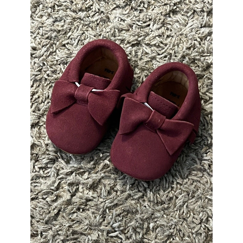 Monkey Feet Baby‎ Girl Mocs Moccasins Maroon w/Bow 3-6 Months Brand New!